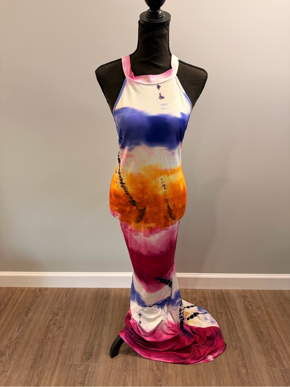 Tie-Dye Halter Maxi Dress in Blue, Orange, Pink